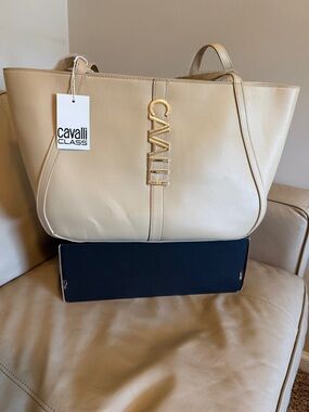 NWT - Cavalli Class Cream Leather Tote with Gold Logo Hardware